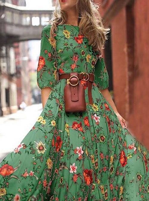 bohemia chiffon long floral print dress Lady Chiffon Floral Dress Printed 3/4 Flare Sleeve Bohemia Beach Holiday  Fashion