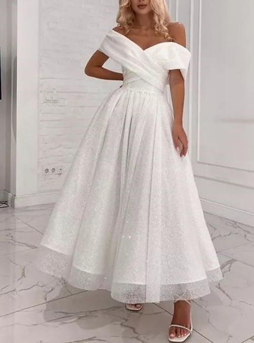 princess polly baby blue dress Formal Wedding Dresses A-Line Off Shoulder Short Sleeve Ankle Length Lace  Bridal Gowns With Pleats Ruched 2024 2026