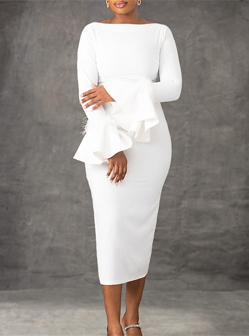 feather dress spring winter Women's White Dress Party Dress Feather Dress Feather Crew Neck Long Sleeve  Midi Dress Winter Dress Wedding Guest Black White Summer Spring 2026