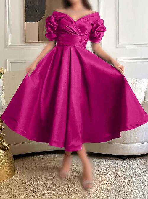 a line cocktail dresses with sleeves A-Line Cocktail Dresses Vintage Dress Wedding Guest Tea Length Sleevel –  Koutun Dress main image 1