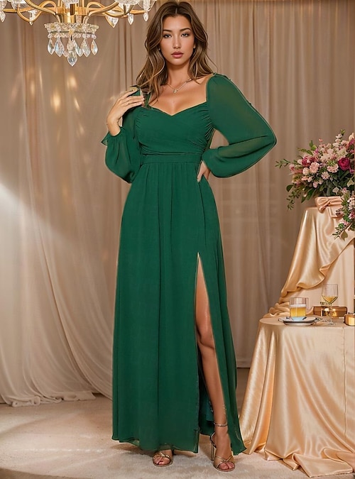 Bodycon Green Long Sleeve Long Dress Elegant Ruched Split Maxi Dress 2026