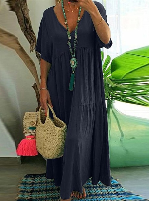 Women's Wine Navy Blue Orange Summer Spring Maxi Dress Cotton - Main Image