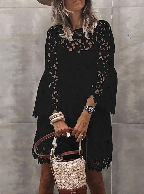 Women's White Lace Boho Dress Mini Crew Neck 3/4 Sleeve Regular Fit Flowy Vacation Holiday Spring Summer
