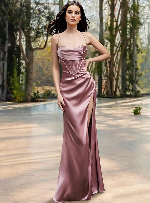 Mermaid / Trumpet Prom Dresses Corsets Dress Wedding Guest Formal Evening  Floor Length Sleeveless Spaghetti Strap Bridesmaid Dress Satin with Ruched  Slit 2024 2024 - $143.99