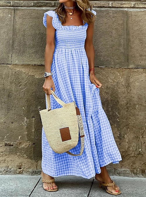 Women's Plaid Dress Casual Dress Slip Dress Plaid Ruffle Backless