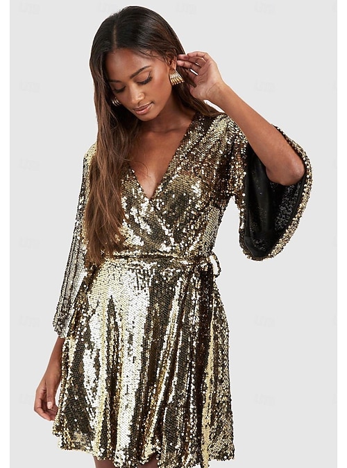 disco metallic dress Disco 1980s Shiny Metallic Dress Wrap Dress Disco Sequins Fancy Dress Women's Carnival Masquerade Party Bachelorette Party Pride Parade Adults Dress 2026