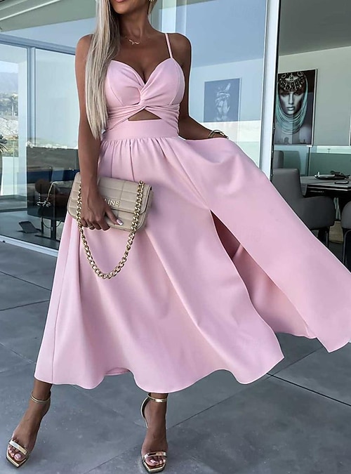 Women's Midi Dress White Dress Graduation Dress Slip Dress A Line Party  Wedding Date Regular Fit Sleeveless Strap Black White Pink Fuchsia Summer  2026 - $29.99