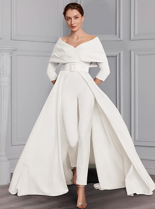 スーツ・フォーマル・ドレス Acka one shoulder point one-piece ivory One-Shoulder Crepe Wedding Jumpsuit with Bow | David's Bridal