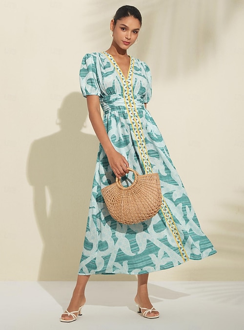 Women's Linen-like fabric X-cut Elastic back waist V-neck to elongate the  necklinePuff Sleeve V Neck Midi Dress 2026 - $113.99