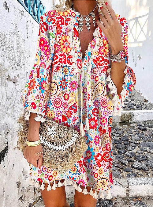 petite boho summer dresses Women's Mini Dress Boho Petite Dress T Shirt Dress Tee Dress A Line Dress Summer Dress Stylish Casual Vacation Daily Holiday Loose Fit Ditsy Floral Sh