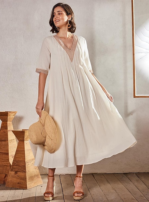 Women's Apricot Summer Spring Midi Dress Casual Dress Cotton Linen Dress  Swing Dress Basic Modern Daily Weekend Loose Fit Plain V Neck 2026 - $52.99