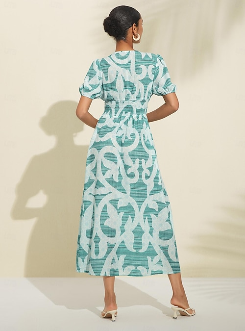 Women's Linen-like fabric X-cut Elastic back waist V-neck to elongate the  necklinePuff Sleeve V Neck Midi Dress 2026 - $113.99