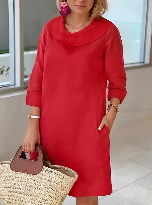Women's Midi Dress Linen-feel Dresses Shift Dress Casual Dress Cotton Summer Dress Basic Classic Casual Daily Outdoor Vacation Loose Fit Plain 3 4