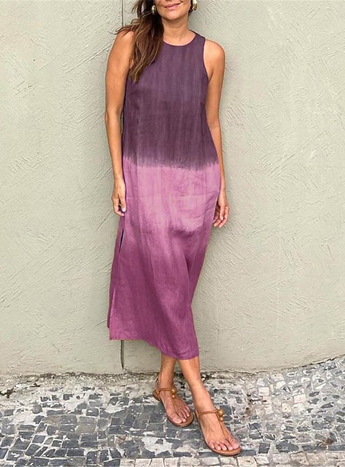 knee length dresses for ladies Blue Ombre Stripe Linen Chore Dress w/ Patch Pockets main image 1
