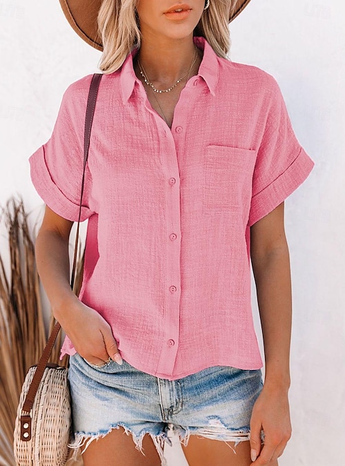 Women's Shirt Button Up Cotton Linen Shirt Blouse Plain Daily Basic Casual  Short Sleeve Shirt Collar Regular Tops Work Casual Daily Patchwork White Pi