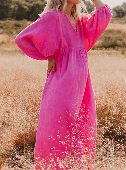 Women's Maxi Dress Cotton Blend Cotton Summer Dress Casual Daily Vacation  Loose Fit Plain Long Sleeve V Neck Pink Orange Rose Red Summer Spring 2026  - 111
