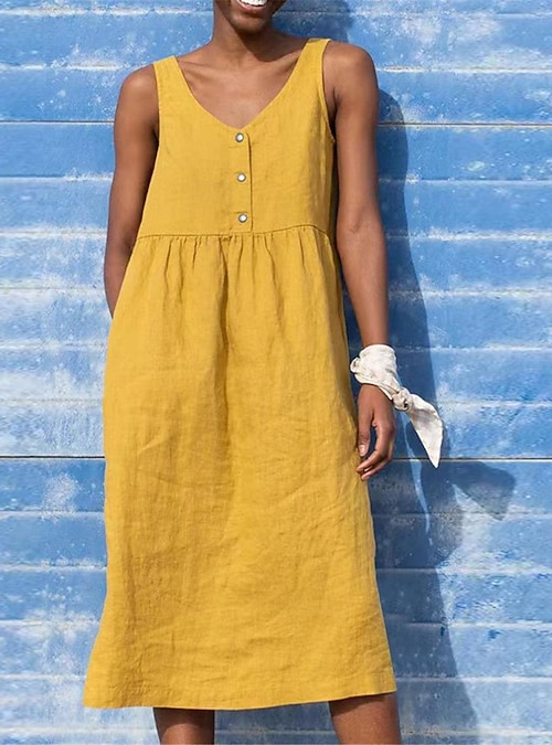 Women's Black Yellow Light Green Summer Spring Midi Dress Cotton Linen  Dresses Tank Dress Cotton Summer Dress Casual Vacation Daily Loose Fit  Plain V Neck 2025 - $22.99