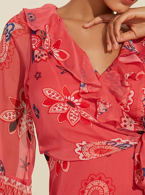 Sommerkleid Damen Mit Blumenmuster - Figurbetont Mit Rüschenärmeln