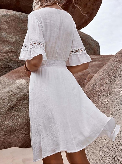 Women's Mini Dress White Dress White Lace Dress with Sleeves Boho Chic Dresses Summer Dress Bohemia Beach Vacation Regular Fit Short Sleeve V Neck Blue White Summer 2026 - AU $88.89 Women's Mini Dress White Dress White Lace Dress with Sleeves Boho Chic Dresses Summer Dress Bohemia Beach Vacation Regular Fit Short Sleeve V Neck Blue White Summer 2026 - AU $88.89
