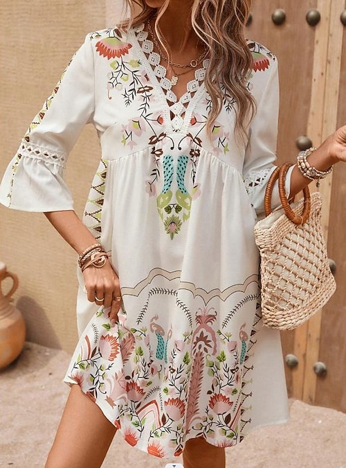 Women's Midi Dress Chiffon Dress Boho Chic Dresses Boho Dress Elegant Dress  Elegant Bohemia Vintage Vacation Daily Date Slim Floral Short Sleeve V Neck  Black Pink Red Beige Summer Spring Fall Winter