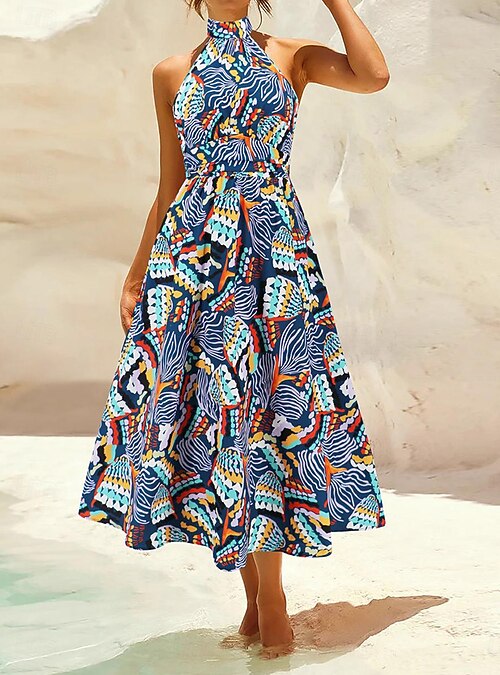 Women's Casual Dress Floral Leaf Backless Print Halter Neck Midi Dress  Casual Boho Daily Vacation Sleeveless Summer 2026 - AU $78.39