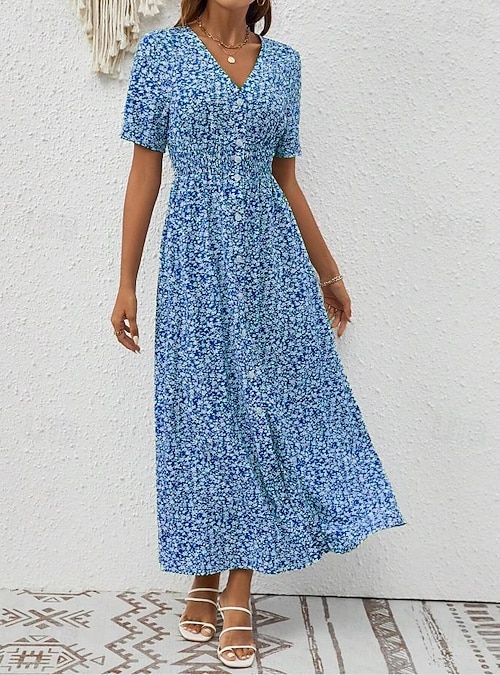 Women's Maxi Dress V-Neck Floral Print Green White Short Sleeve Front Slit  Belted Casual Beach Summer Vacation Flowy Comfortable 2026 - 52.99