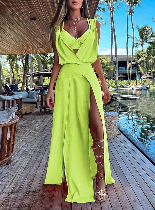 Women's Dress Set Casual Dress Skirt Set Swing Dress Fashion Modern Floral  Plain Print Backless Split Long Dress Maxi Dress Sleeveless V Neck Outdoor  Vacation Yellow Red Orange Summer Loose Fit 2026 -