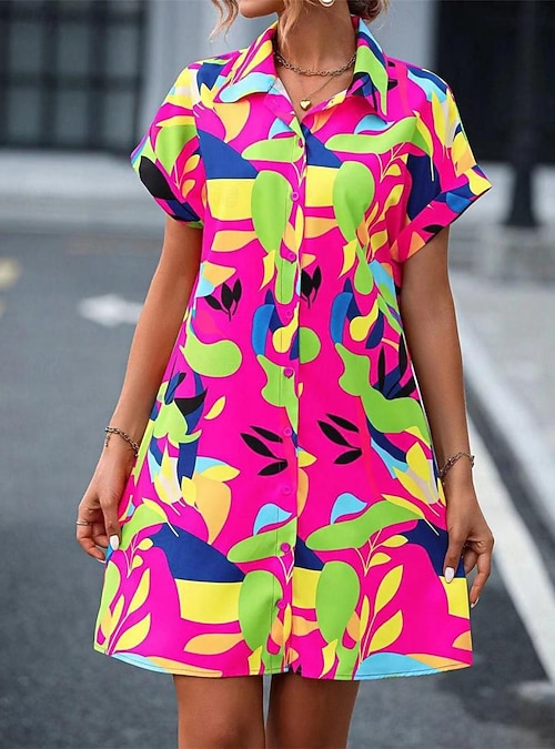 Women's Shirt Dress Casual Dress Mini Dress Date Vacation Modern Casual  Shirt Collar Button Print Short Sleeve Summer Spring Loose Fit Floral Leaf  2026 - $28.99