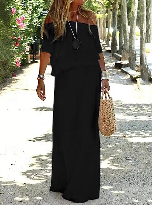 Women's Maxi Dress Faux Cotton Linen White Dress Casual Dress Summer Dress  Streetwear Maxi Casual Vacation Street Holiday Regular Fit Half Sleeve Off  Shoulder Black White Red Khaki Summer 2026 - AU $47.89