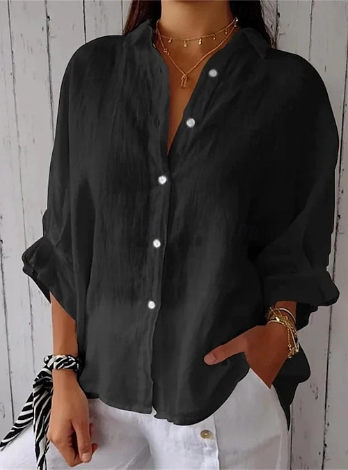 Women's Shirt Linen-feel Shirts Button Up Blouse Buttons Plain Basic Modern  Shirt Collar Daily Street Black White Pink Army Green Summer 2026 - 20.99