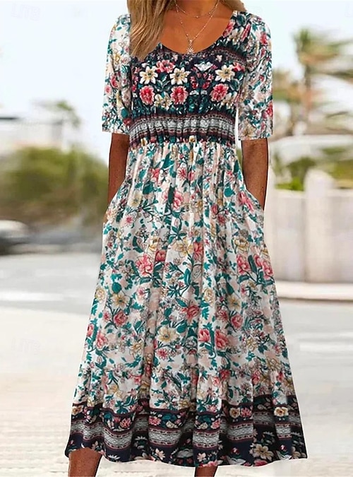 boho summer midi dress Floral Prism Midi Dress Teal/Rust / S