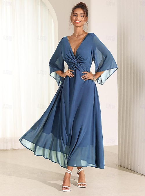 Women's Wedding Guest Cocktail Dress Chiffon Plain Ruffle Twisted Elegant Summer Maxi Dress V Neck Flared 3 4 Length Sleeve