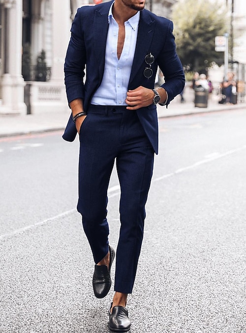 Men's Beach Wedding Linen Suits Peak Sky Blue Dark Blue Fashion