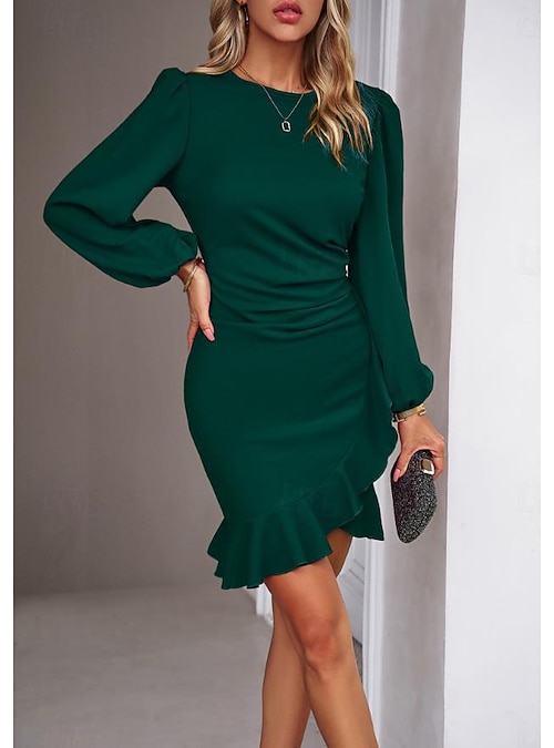 Women's Wrap Dress Mini Dress Ruffle Party Formal Elegant Dress Boat Neck  Puff Sleeve Black Wine Blue Color 2026 - 26.99