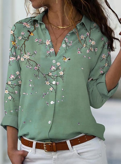 Spring Summer Fall Floral Print Collar Long Sleeve Women Casual top Top Shirt Blouse