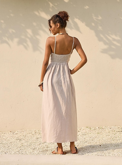 Casual Maxi Linen Dress Sleeveless Beige Dress Beige Midi Dress Tiered  Strappy Ally Fashion