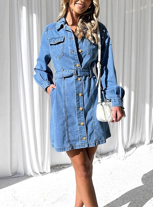 Utility Style Denim Dress Tie Waist Micaela Elastic Denim Dress Love, Bonito  INTL