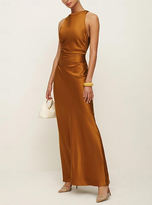 Sheath Wedding Guest Dresses Elegant Dress Formal Black Tie Floor Length  Sleeveless Halter Neck Charmeuse Crisscross Back with Ruched 2026 - $154.99