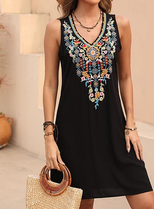 Women's Mini Dress Casual Dress Fashion Modern Elegant Dress Cap Sleeve  Daily Wedding Date Regular Fit Floral Embroidery Sleeveless V Neck Black  Summer 2026 - $27.99