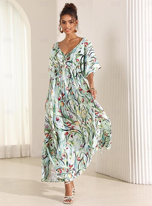 loose fitting swing dresses Women's Midi Dress Swing Dress A Line Dress Summer Dress Elegant Bohemia  Tropical Flutter Sleeve Vacation Daily Date Loose Fit Floral Short Sleeve V  Neck Blue Green Summer 2026