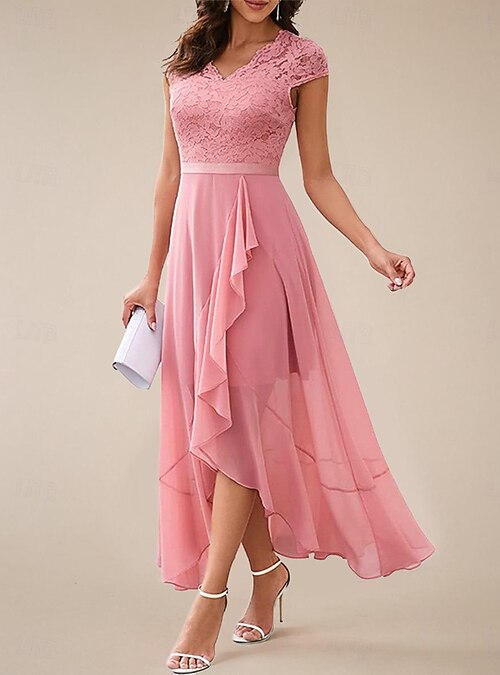 chinese dress ladies Floral Lace Tiered Wedding Guest Dress with Bow Straps