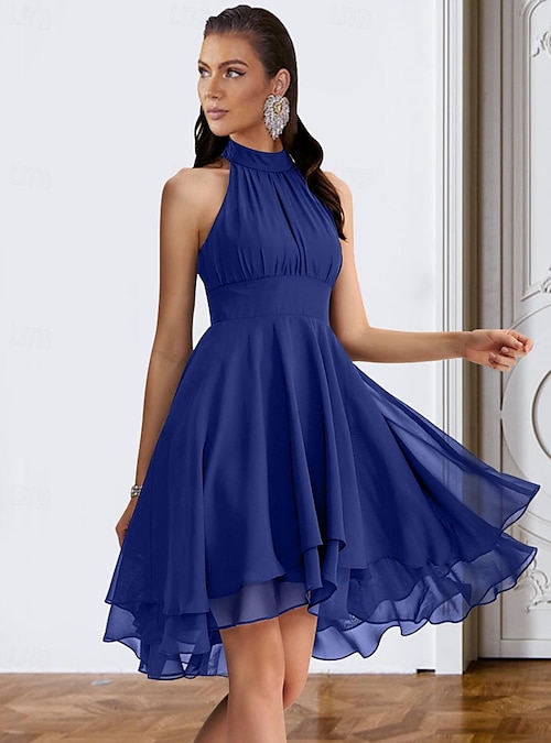 A-Line Cocktail Dresses Party Dress Wedding Guest Engagement Knee Length  Sleeveless Halter Neck Chiffon V Back with Sleek Tiered dress to impress  2024 2024 - $26.99