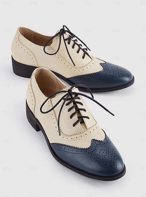 Women's Two-Tone Wingtip Brogue Oxford Shoes in Cream and Navy for Vintage  and Formal Wear 2026 - $46.99