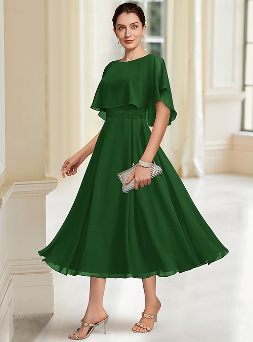 A-Line Tea Length Party Dress Cocktail Dress Wedding Guest Dress Mother of  the Bride Dress Half Sleeve Jewel Neck Elegant Formal Wedding Party Chiffon  with Lace 2026 - CAD $282.99