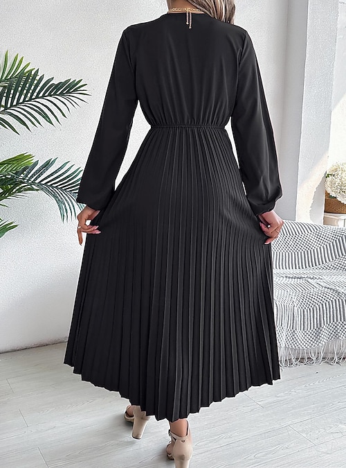 Women's Work Dress Satin A Line Dress Fashion Office Long Dress Maxi Dress  Pleated V Neck Long Sleeve Plain Regular Fit Black Wine Brown Spring Fall S  M L XL 2026 - $31.99