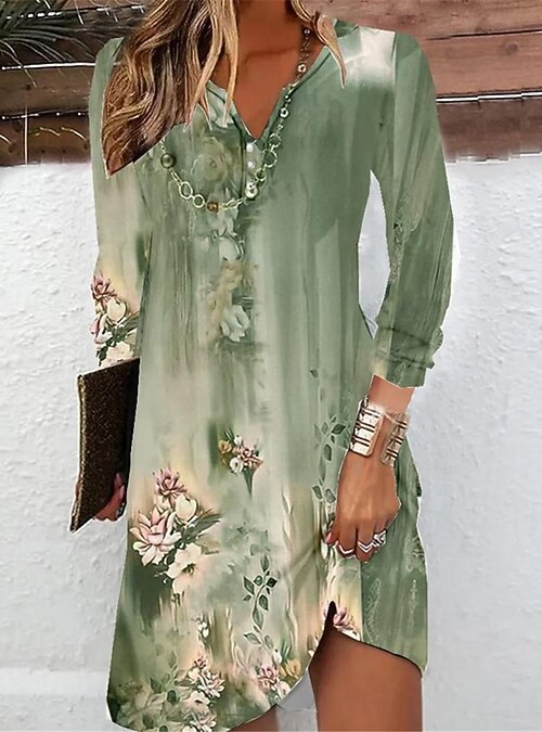 Women's Mini Dress Petite Dress Casual Dress Boho Dress Spring Dress  Stylish Casual Vacation Daily Date Regular Fit Floral Long Sleeve Split  Neck Blue Dark Green Orange Green Fall 2026 - $22.99