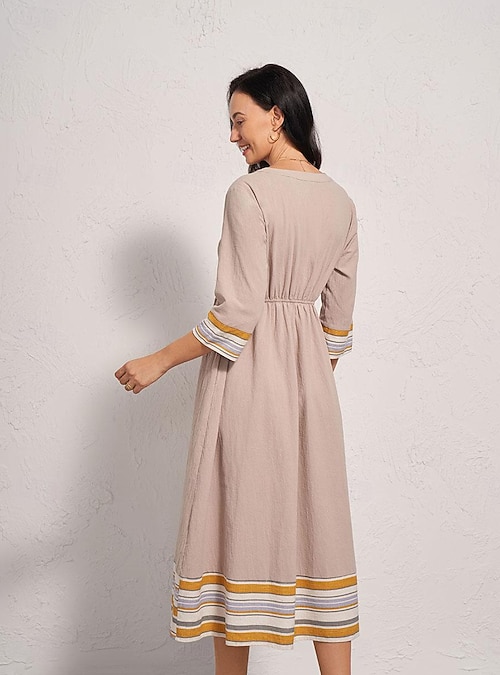 beige flared dress Beige Mock Neck Flared Maternity Midi Dress – PinkBlush main image 0