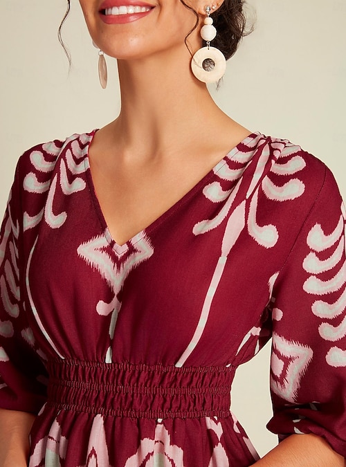 Folk Print Brick Red Half Sleeve V Neck Midi Dress 2026 - GBP 98.99