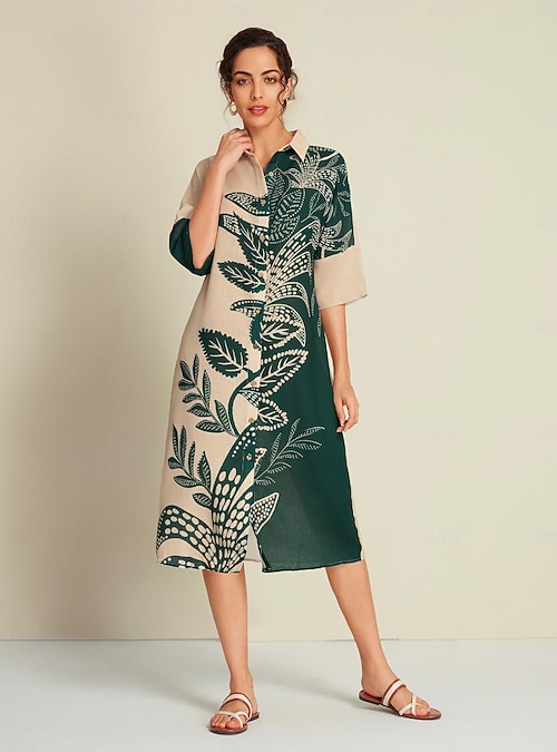 Leaf Print Half Sleeve Midi Shirt Dress 2026 - kr.150
