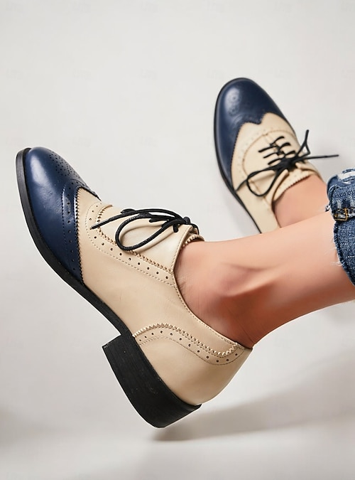 Women's Two-Tone Wingtip Brogue Oxford Shoes in Cream and Navy for Vintage  and Formal Wear 2026 - $46.99